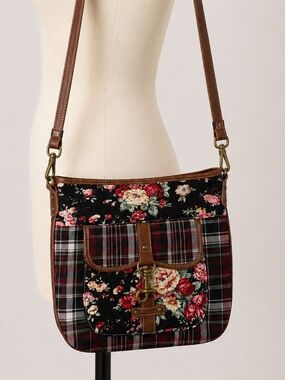 NWT Journeys Plaid Floral Black Canvas Pink  Brown Vegan Leather crossbody